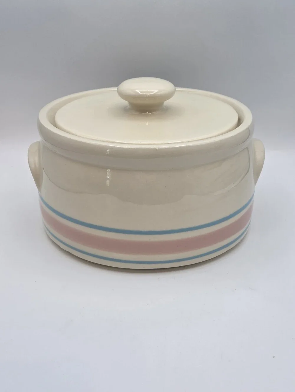 McCoy 1421 Pink & Blue Stripes Lidded Bean Pot Casserole - Picture 1 of 7